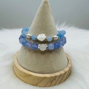 2 Piece New Natural Aquamarine Stone Beaded Bracelets. One with Camellia Charm 6